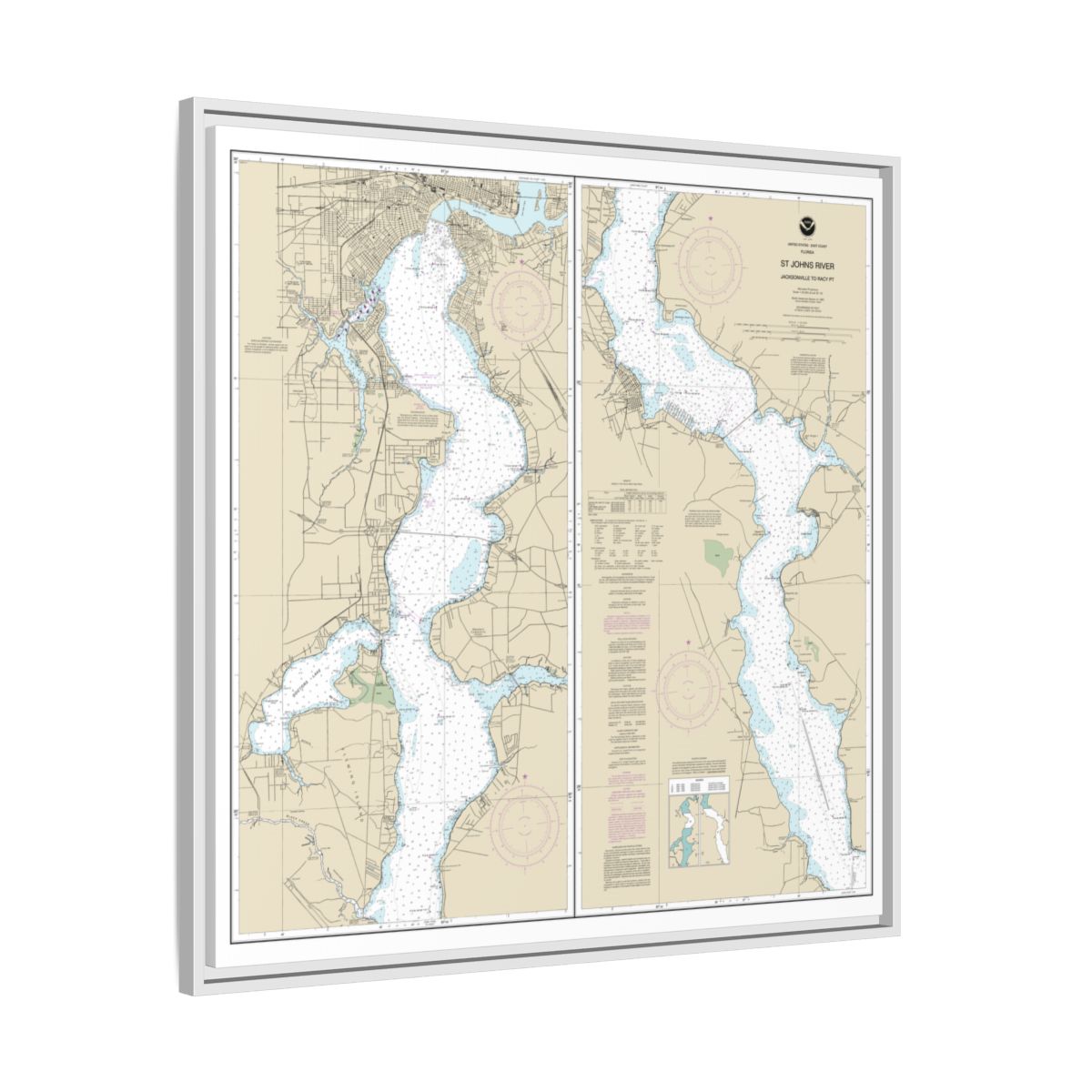 Chart 11492 St. John's River Jacksonville to Racy Point - NOAA Nautical Chart Floating Frame Canvas | 32" x 32" - White side
