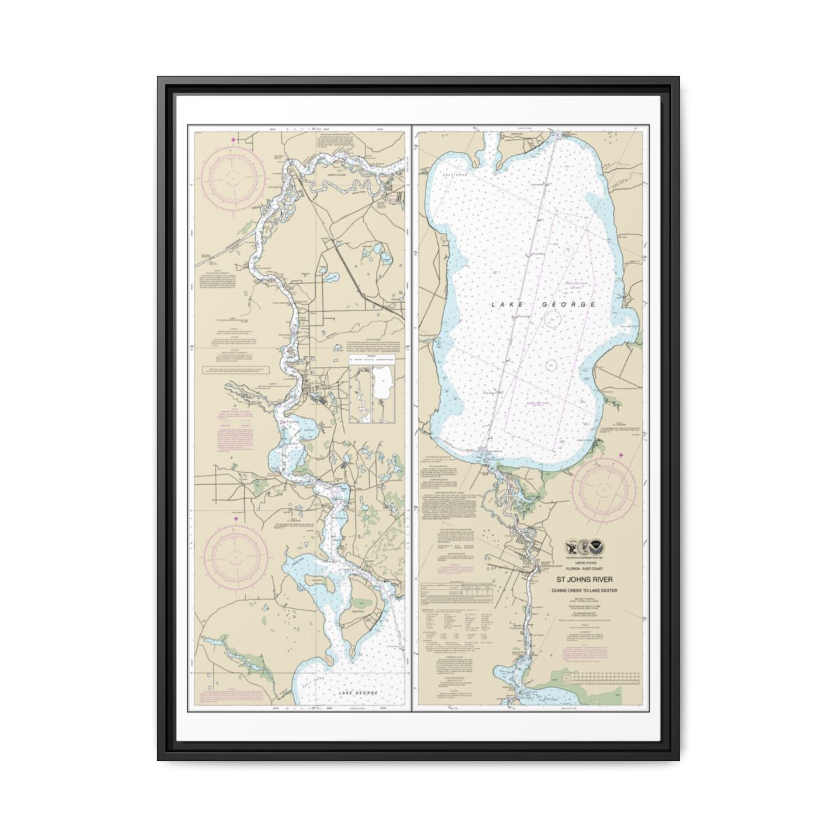 Chart 11495 St. Johns River Dunns Creek to Lake Dexter - NOAA Nautical Chart Floating Frame Canvas | 24" x 32" | 30" x 40" - Black front