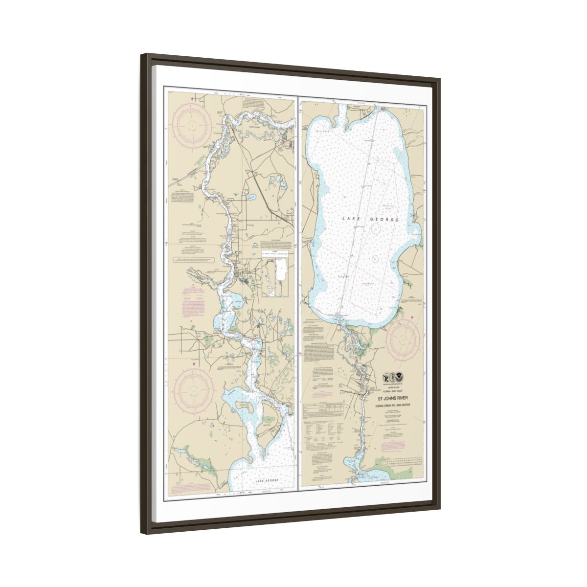 Chart 11495 St. Johns River Dunns Creek to Lake Dexter - NOAA Nautical Chart Floating Frame Canvas | 24" x 32" | 30" x 40" - Espresso side
