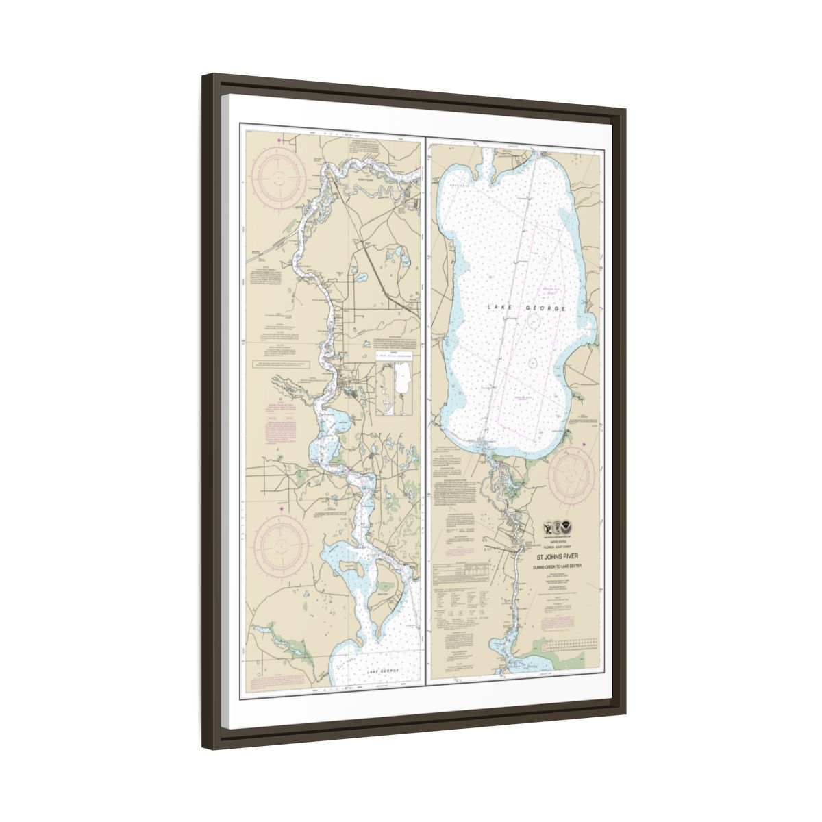 Chart 11495 St. Johns River Dunns Creek to Lake Dexter - NOAA Nautical Chart Floating Frame Canvas | 24" x 32" | 30" x 40" - Espresso side
