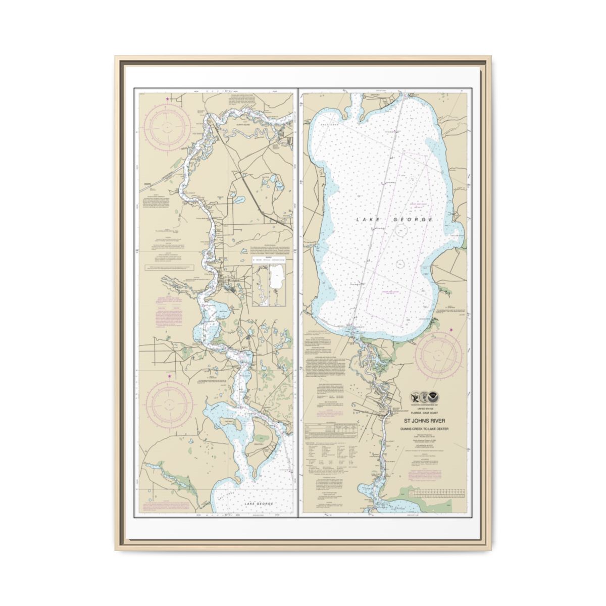 Chart 11495 St. Johns River Dunns Creek to Lake Dexter - NOAA Nautical Chart Floating Frame Canvas | 24" x 32" | 30" x 40" - Natural front