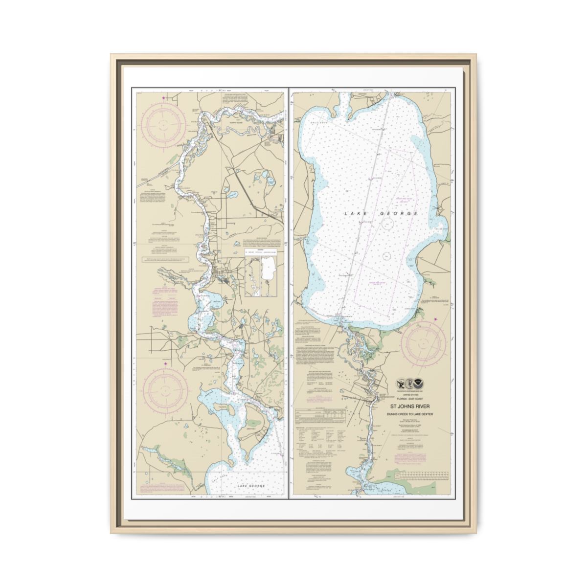 Chart 11495 St. Johns River Dunns Creek to Lake Dexter - NOAA Nautical Chart Floating Frame Canvas | 24" x 32" | 30" x 40" - Natural front