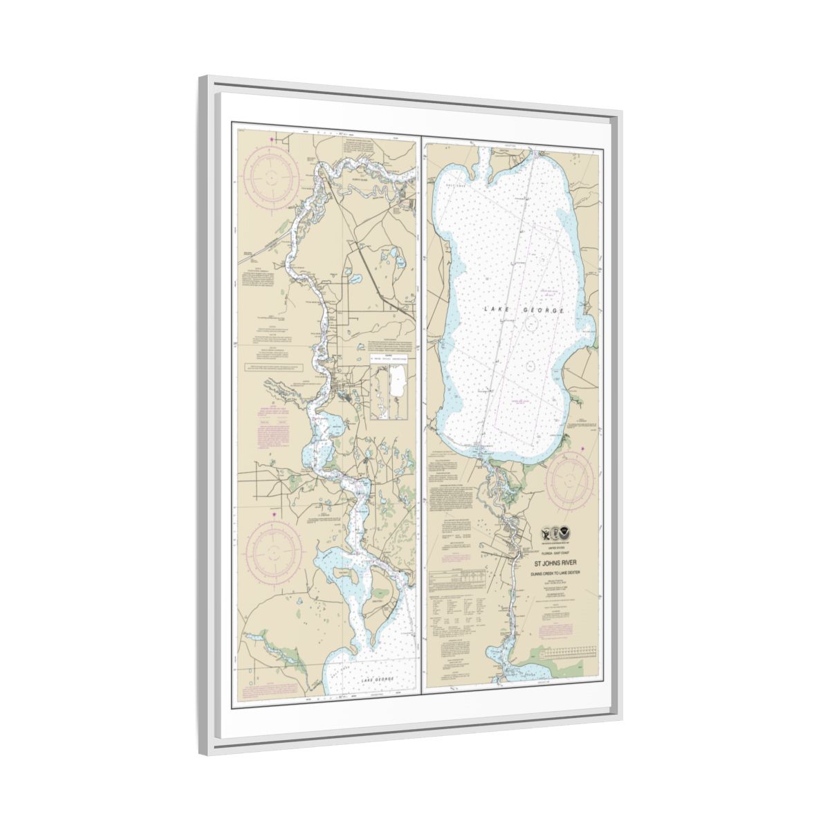 Chart 11495 St. Johns River Dunns Creek to Lake Dexter - NOAA Nautical Chart Floating Frame Canvas | 24" x 32" | 30" x 40" - White side