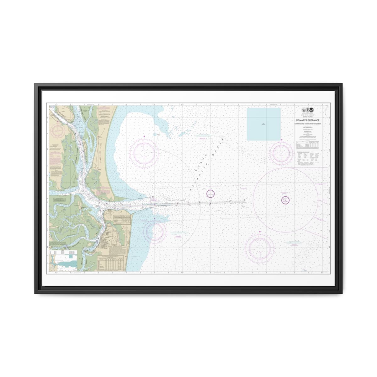 Chart 11503 St. Marys Entrance Cumberland Sound and Kings Bay - NOAA Nautical Chart Floating Frame Canvas | 30" x 20" | 36" x 24" | 48" x 32" - Black front