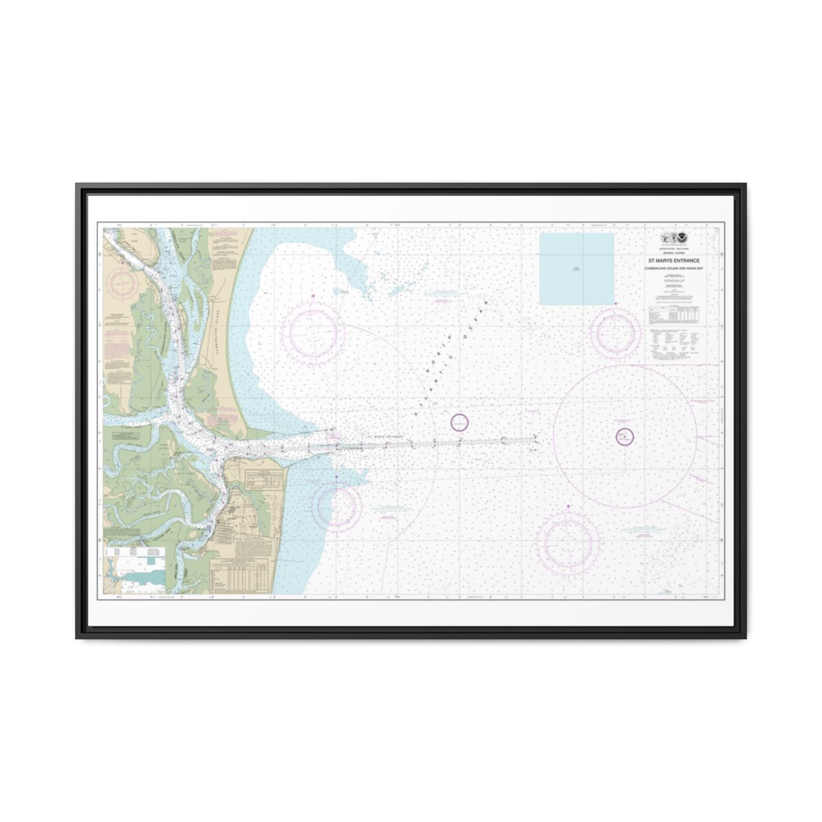 Chart 11503 St. Marys Entrance Cumberland Sound and Kings Bay - NOAA Nautical Chart Floating Frame Canvas | 30" x 20" | 36" x 24" | 48" x 32" - Black front