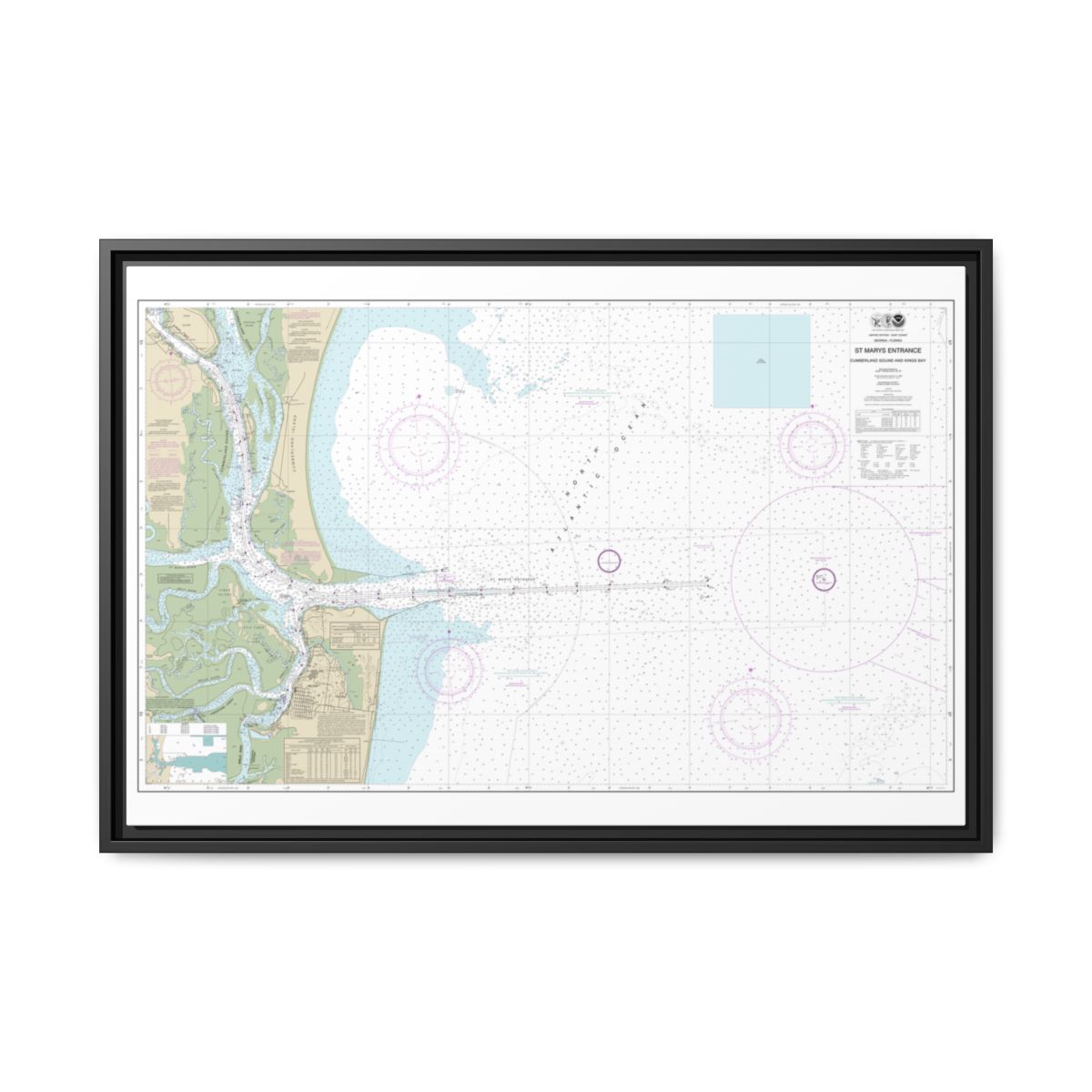 Chart 11503 St. Marys Entrance Cumberland Sound and Kings Bay - NOAA Nautical Chart Floating Frame Canvas | 30" x 20" | 36" x 24" | 48" x 32" - Black front