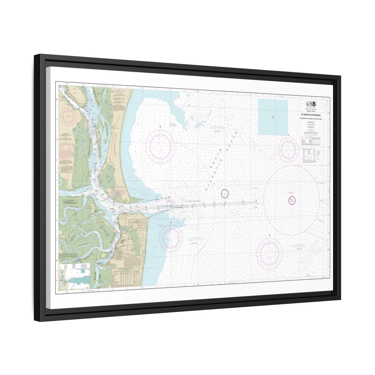 Chart 11503 St. Marys Entrance Cumberland Sound and Kings Bay - NOAA Nautical Chart Floating Frame Canvas | 30" x 20" | 36" x 24" | 48" x 32" - Black side