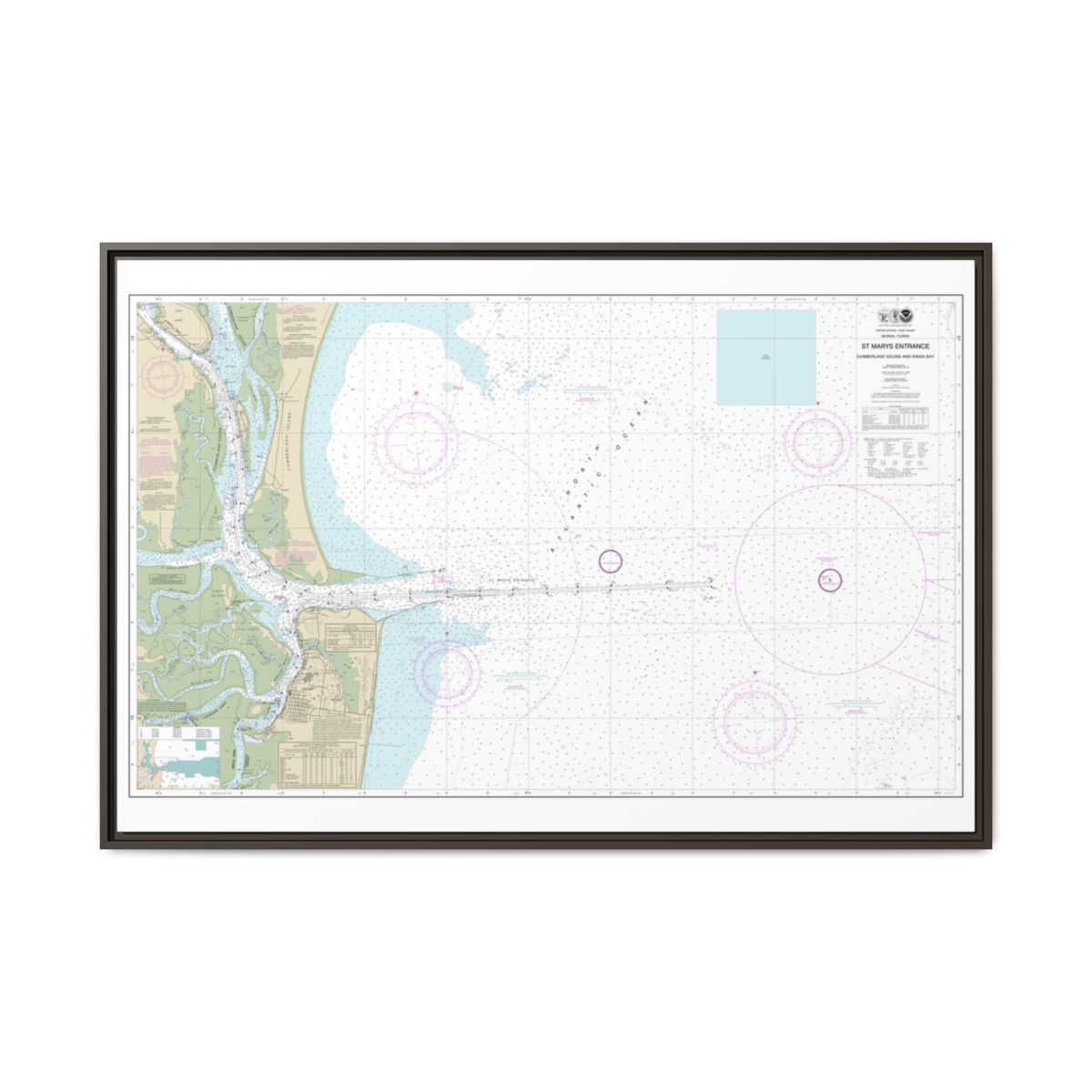 Chart 11503 St. Marys Entrance Cumberland Sound and Kings Bay - NOAA Nautical Chart Floating Frame Canvas | 30" x 20" | 36" x 24" | 48" x 32" - Espresso front