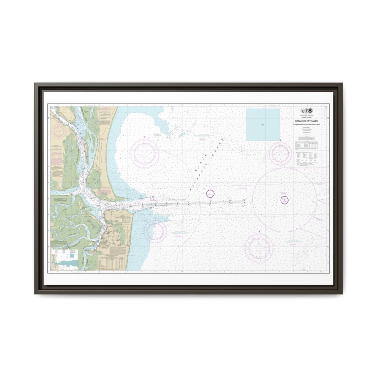 Chart 11503 St. Marys Entrance Cumberland Sound and Kings Bay - NOAA Nautical Chart Floating Frame Canvas | 30" x 20" | 36" x 24" | 48" x 32" - Espresso front