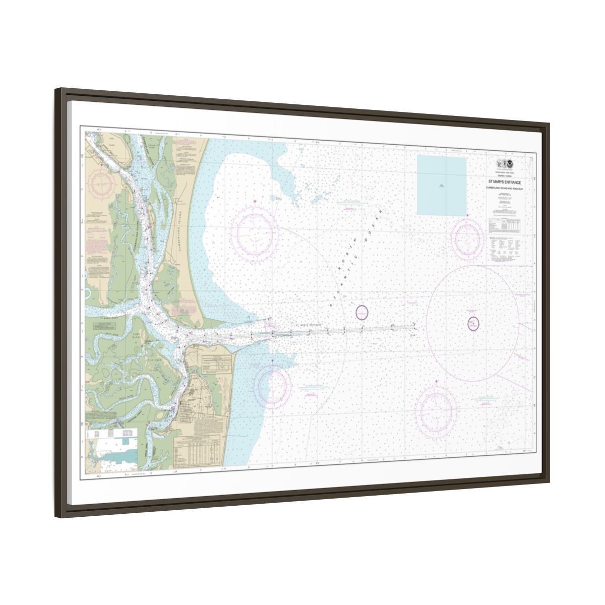 Chart 11503 St. Marys Entrance Cumberland Sound and Kings Bay - NOAA Nautical Chart Floating Frame Canvas | 30" x 20" | 36" x 24" | 48" x 32" - Espresso side