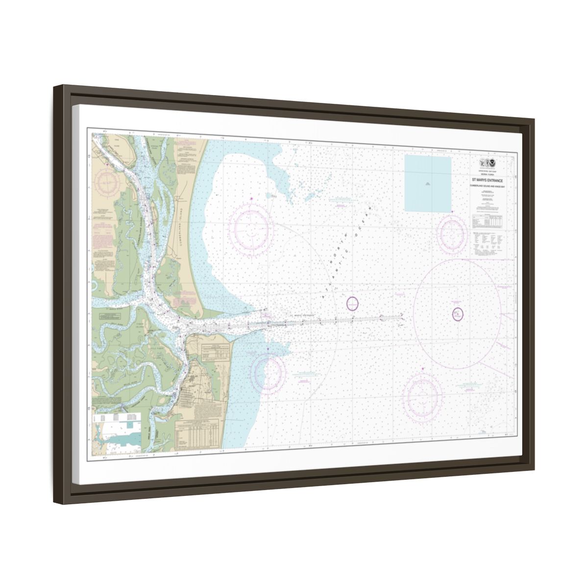 Chart 11503 St. Marys Entrance Cumberland Sound and Kings Bay - NOAA Nautical Chart Floating Frame Canvas | 30" x 20" | 36" x 24" | 48" x 32" - Espresso side