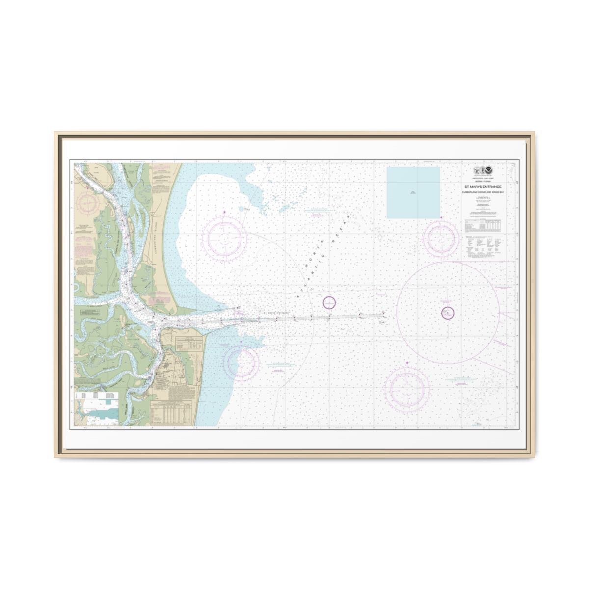 Chart 11503 St. Marys Entrance Cumberland Sound and Kings Bay - NOAA Nautical Chart Floating Frame Canvas | 30" x 20" | 36" x 24" | 48" x 32" - Natural front