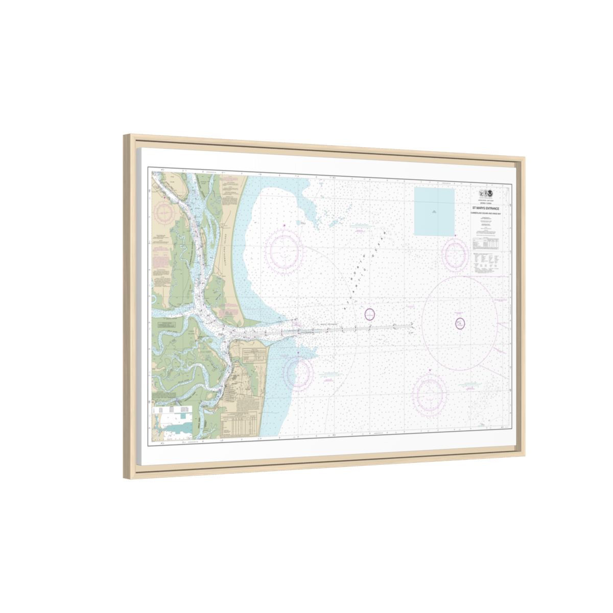 Chart 11503 St. Marys Entrance Cumberland Sound and Kings Bay - NOAA Nautical Chart Floating Frame Canvas | 30" x 20" | 36" x 24" | 48" x 32" - Natural side