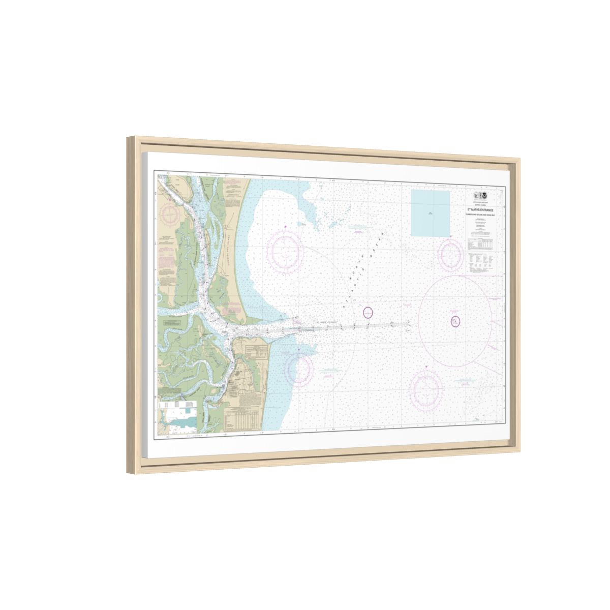 Chart 11503 St. Marys Entrance Cumberland Sound and Kings Bay - NOAA Nautical Chart Floating Frame Canvas | 30" x 20" | 36" x 24" | 48" x 32" - Natural side