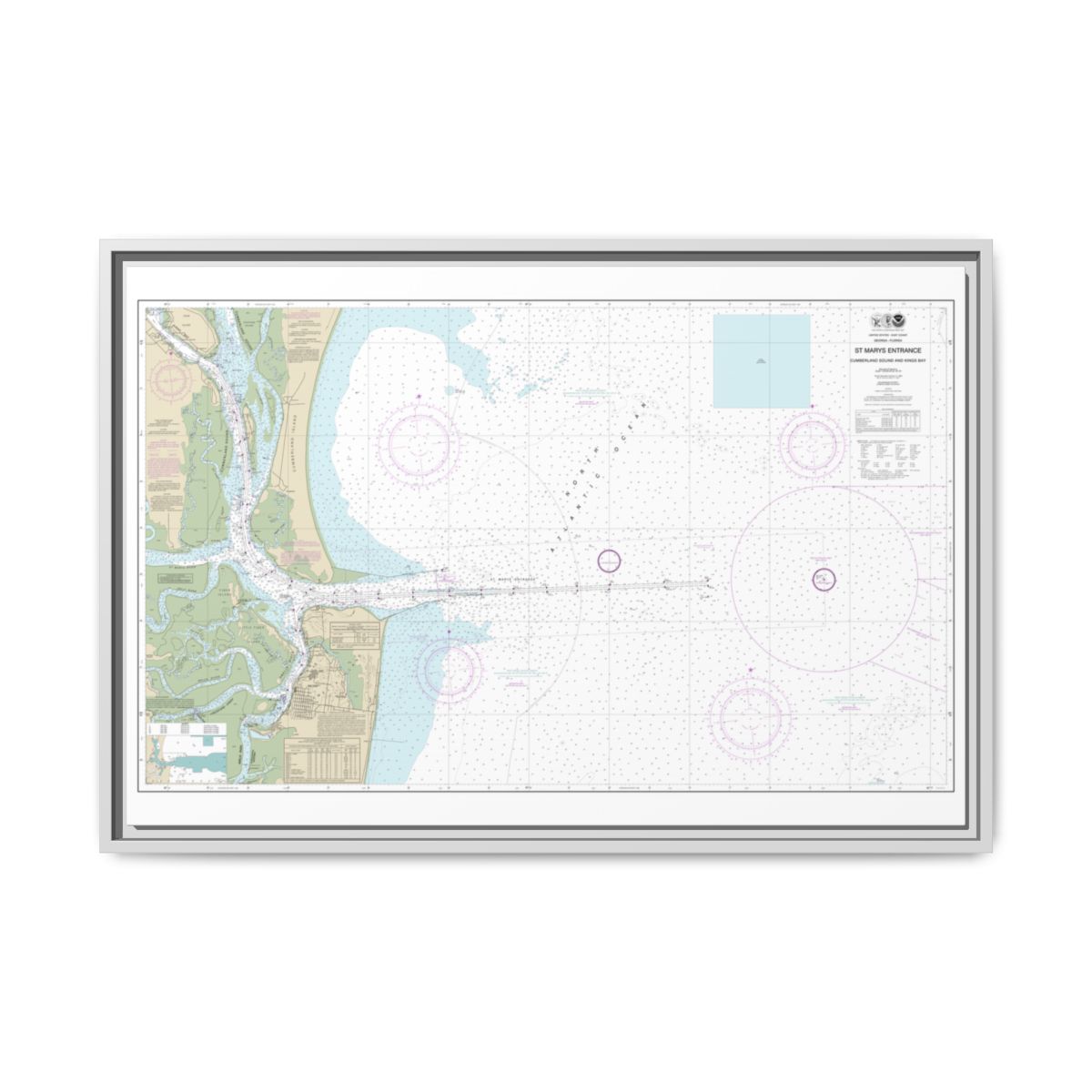 Chart 11503 St. Marys Entrance Cumberland Sound and Kings Bay - NOAA Nautical Chart Floating Frame Canvas | 30" x 20" | 36" x 24" | 48" x 32" - White front