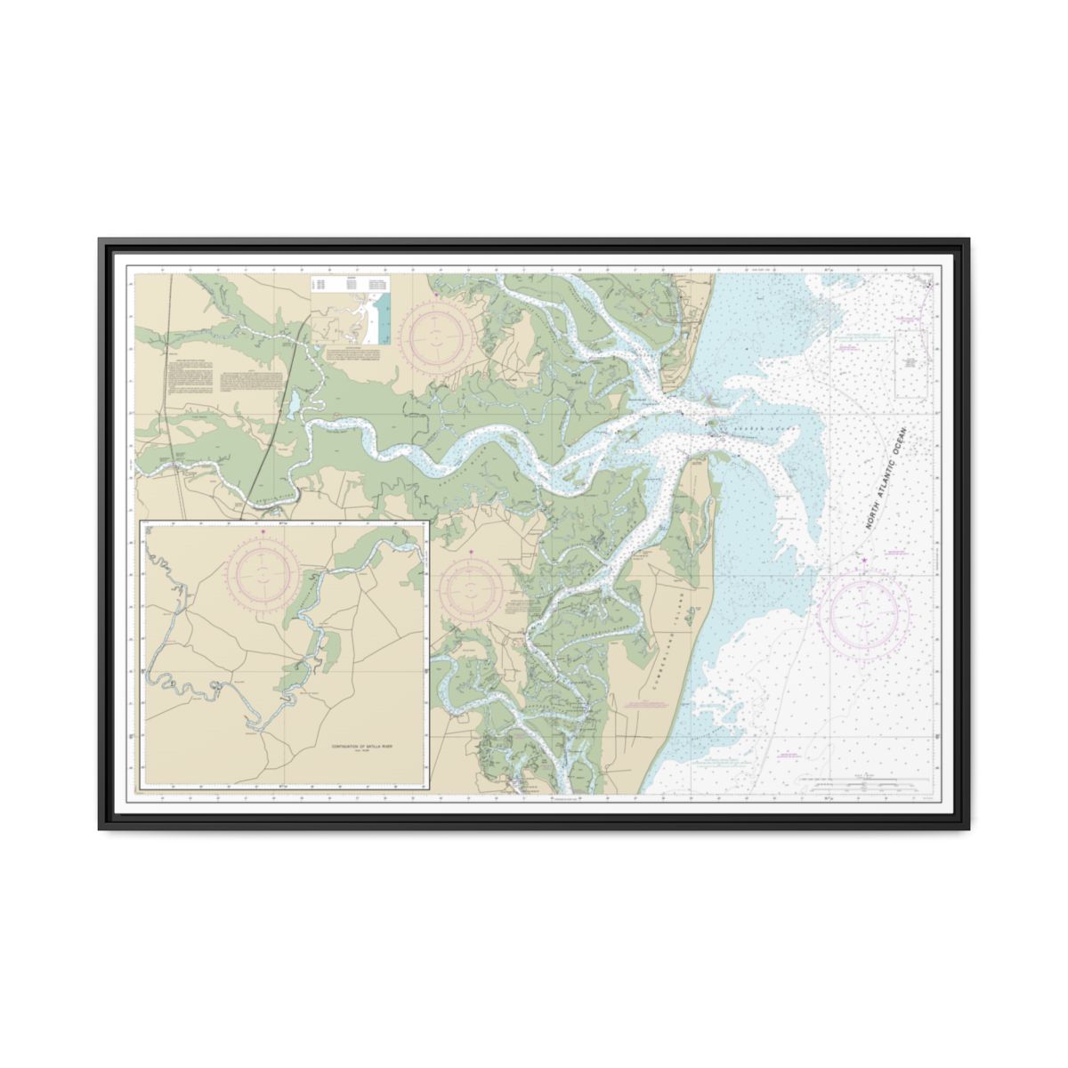 Chart 11504 St. Andrew Sound and Satilla River - NOAA Nautical Chart Floating Frame Canvas | 30" x 20" | 36" x 24" | 48" x 32" - Black front