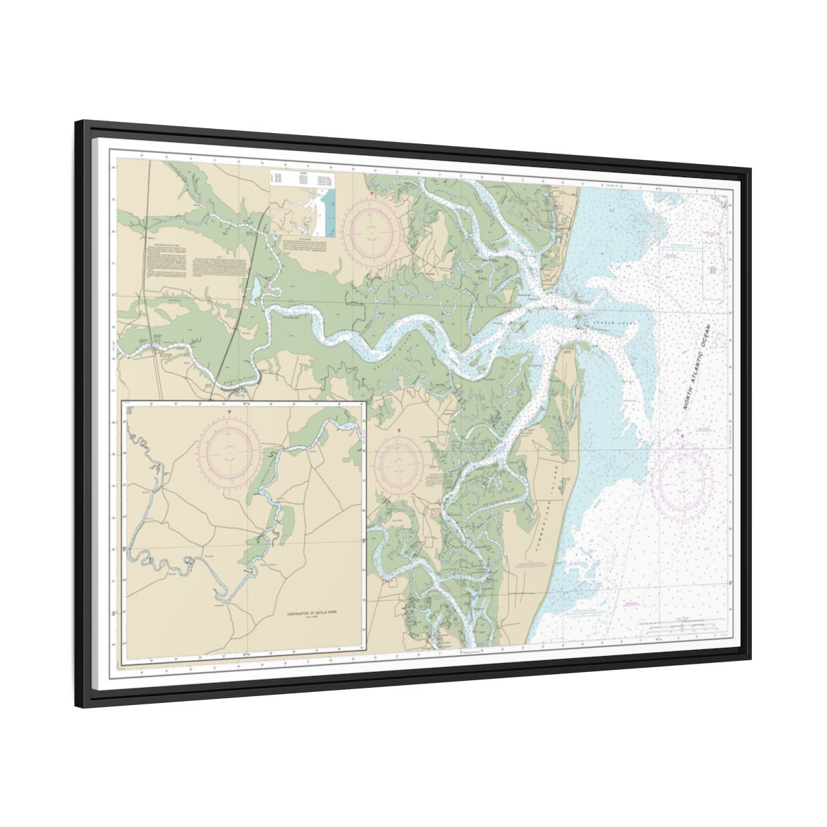 Chart 11504 St. Andrew Sound and Satilla River - NOAA Nautical Chart Floating Frame Canvas | 30" x 20" | 36" x 24" | 48" x 32" - Black side