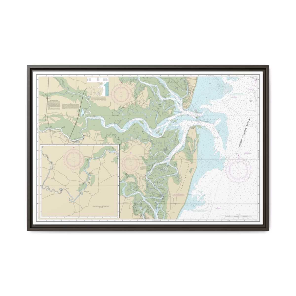 Chart 11504 St. Andrew Sound and Satilla River - NOAA Nautical Chart Floating Frame Canvas | 30" x 20" | 36" x 24" | 48" x 32" - Espresso front