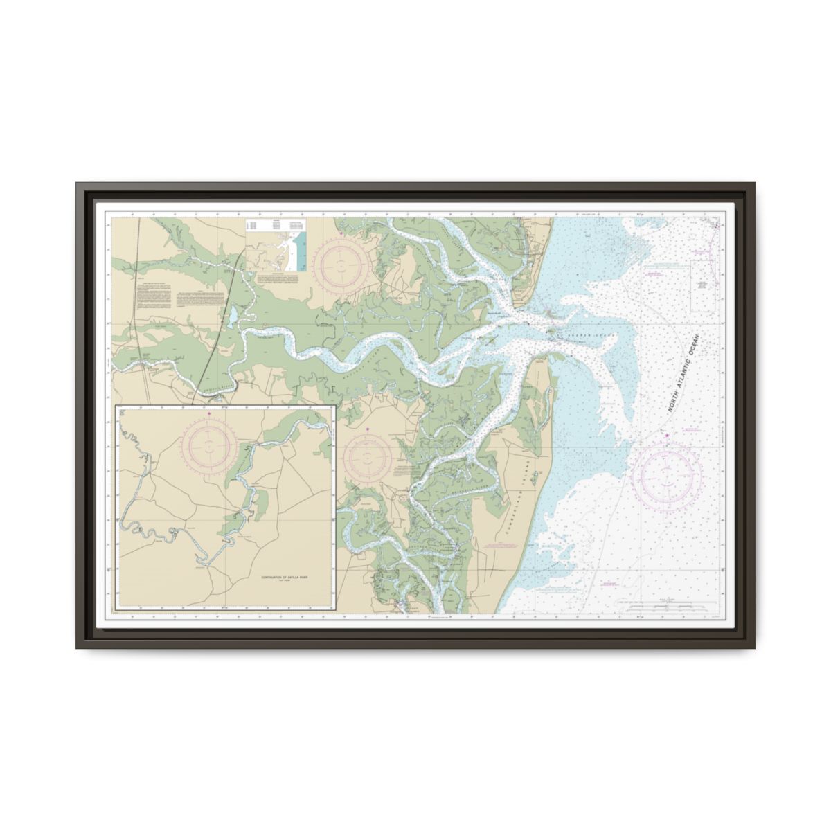 Chart 11504 St. Andrew Sound and Satilla River - NOAA Nautical Chart Floating Frame Canvas | 30" x 20" | 36" x 24" | 48" x 32" - Espresso front