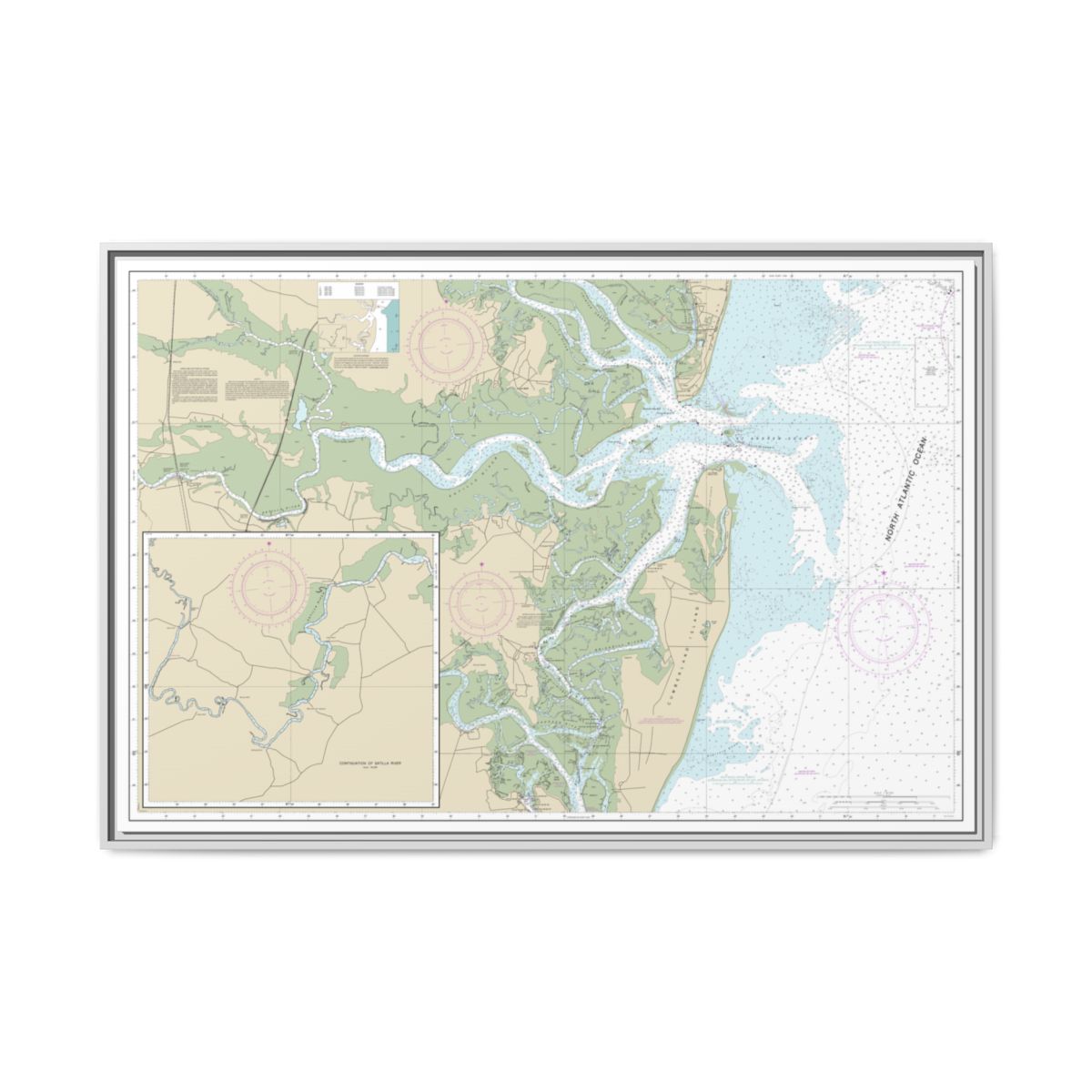 Chart 11504 St. Andrew Sound and Satilla River - NOAA Nautical Chart Floating Frame Canvas | 30" x 20" | 36" x 24" | 48" x 32" - White front