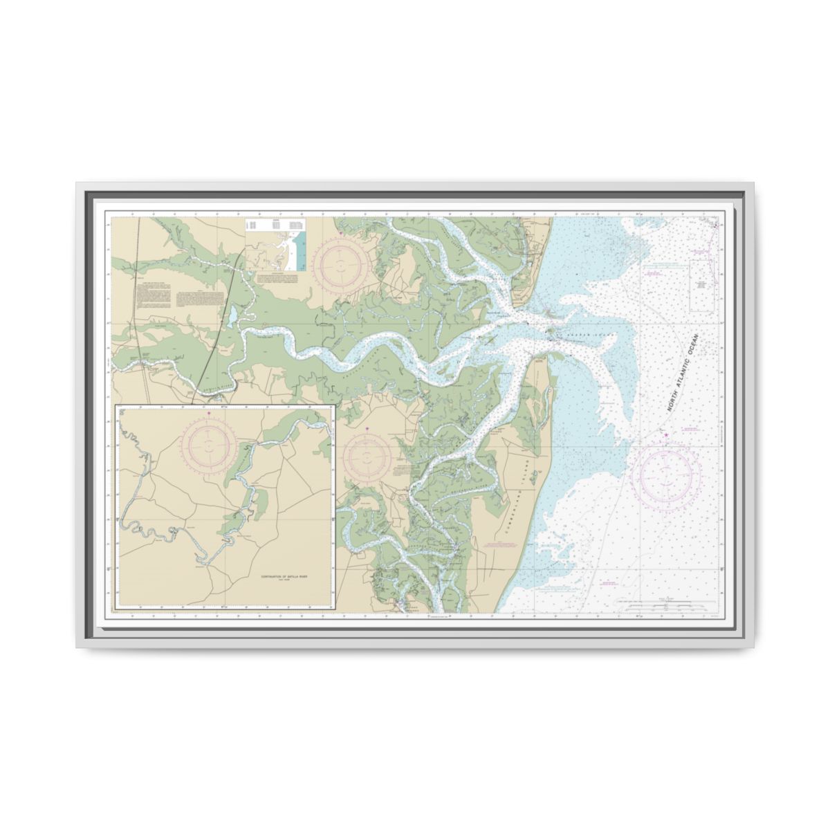 Chart 11504 St. Andrew Sound and Satilla River - NOAA Nautical Chart Floating Frame Canvas | 30" x 20" | 36" x 24" | 48" x 32" - White front
