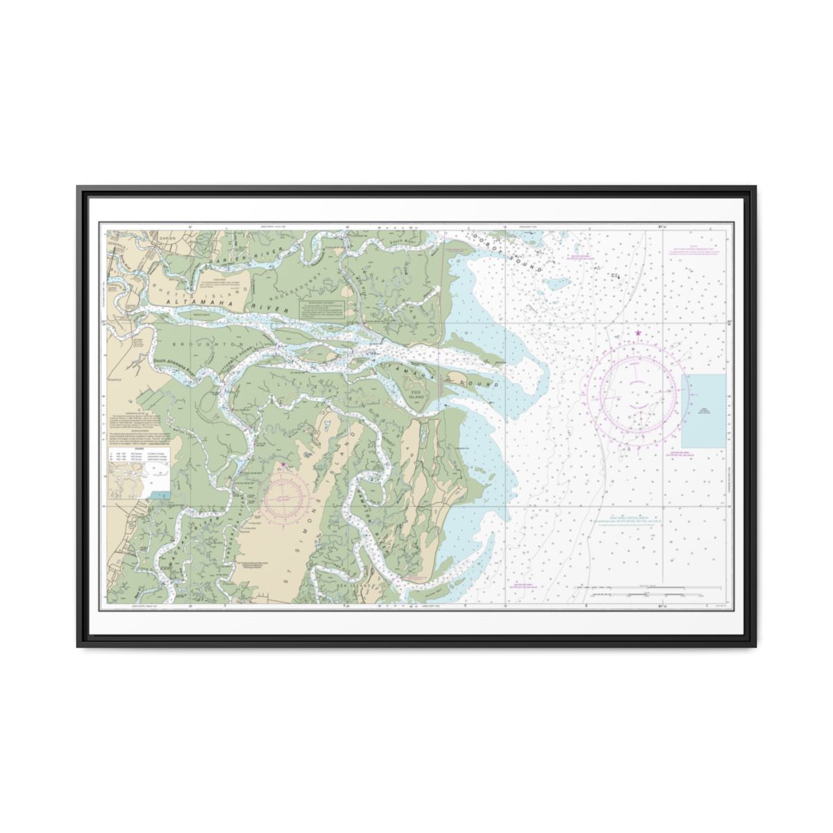 Chart 11508 Altamaha Sound - NOAA Nautical Chart Floating Frame Canvas | 30" x 20" | 36" x 24" | 48" x 32" - Black front