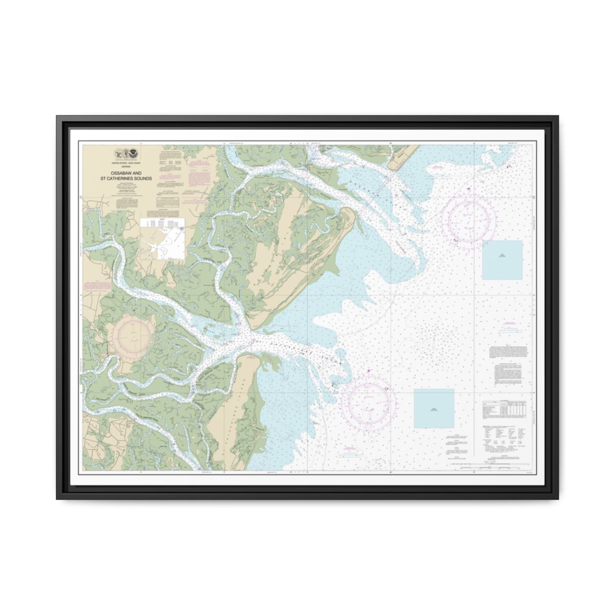 Chart 11511 Ossabaw and St. Catherines Sounds - NOAA Nautical Chart Floating Frame Canvas | 32" x 24" | 40" x 30" - Black front