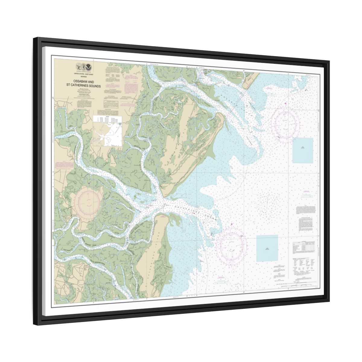 Chart 11511 Ossabaw and St. Catherines Sounds - NOAA Nautical Chart Floating Frame Canvas | 32" x 24" | 40" x 30" - Black side