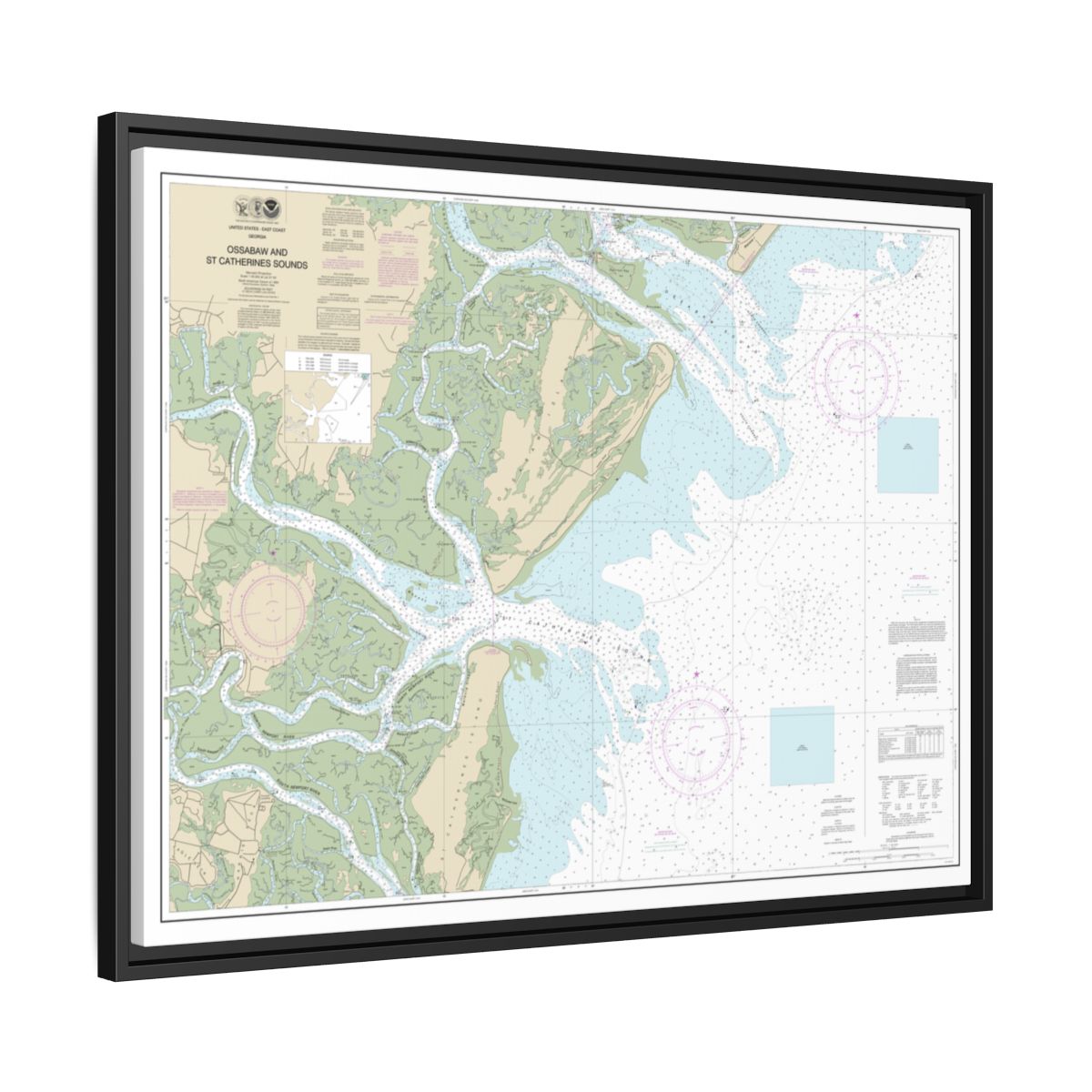 Chart 11511 Ossabaw and St. Catherines Sounds - NOAA Nautical Chart Floating Frame Canvas | 32" x 24" | 40" x 30" - Black side