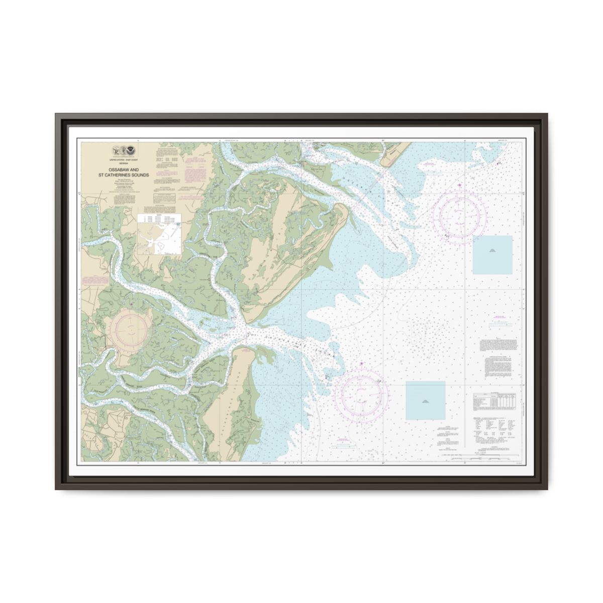 Chart 11511 Ossabaw and St. Catherines Sounds - NOAA Nautical Chart Floating Frame Canvas | 32" x 24" | 40" x 30" - Espresso front
