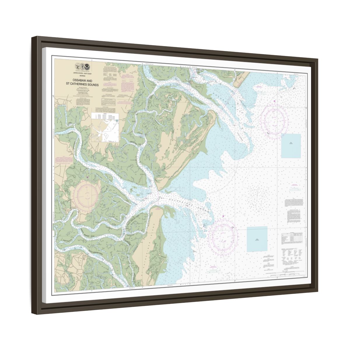 Chart 11511 Ossabaw and St. Catherines Sounds - NOAA Nautical Chart Floating Frame Canvas | 32" x 24" | 40" x 30" - Espresso side