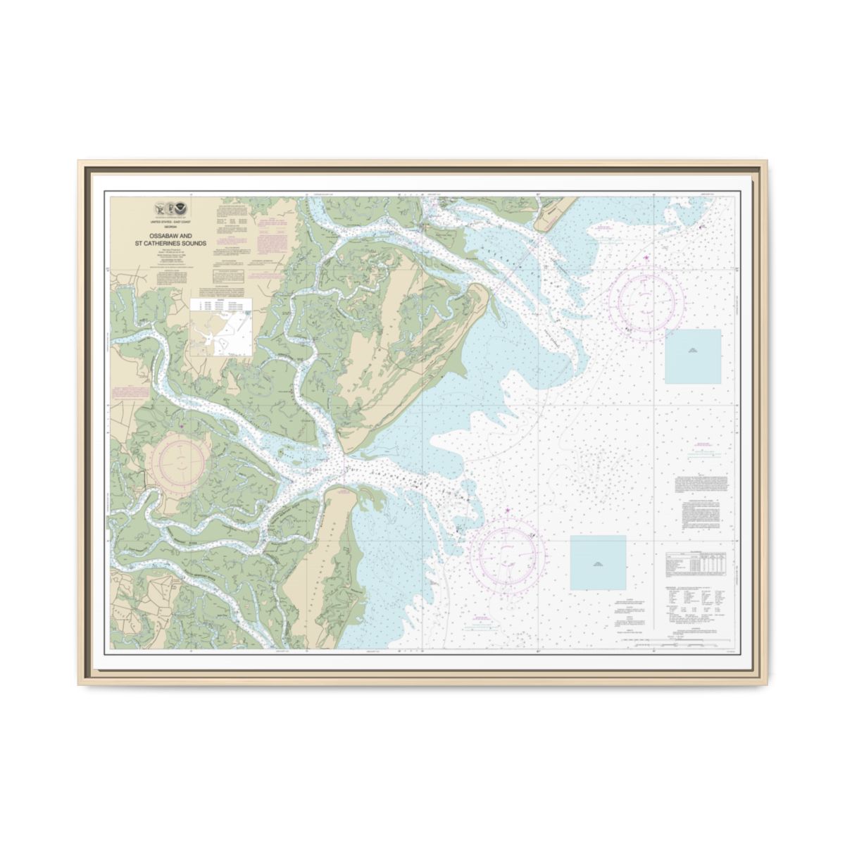 Chart 11511 Ossabaw and St. Catherines Sounds - NOAA Nautical Chart Floating Frame Canvas | 32" x 24" | 40" x 30" - Natural front