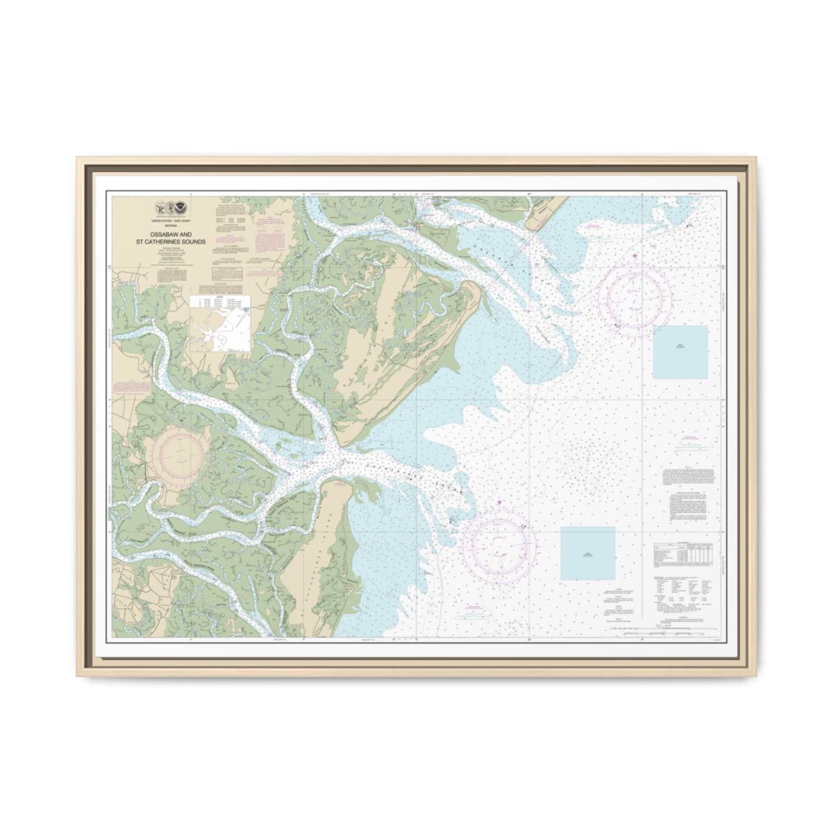 Chart 11511 Ossabaw and St. Catherines Sounds - NOAA Nautical Chart Floating Frame Canvas | 32" x 24" | 40" x 30" - Natural front