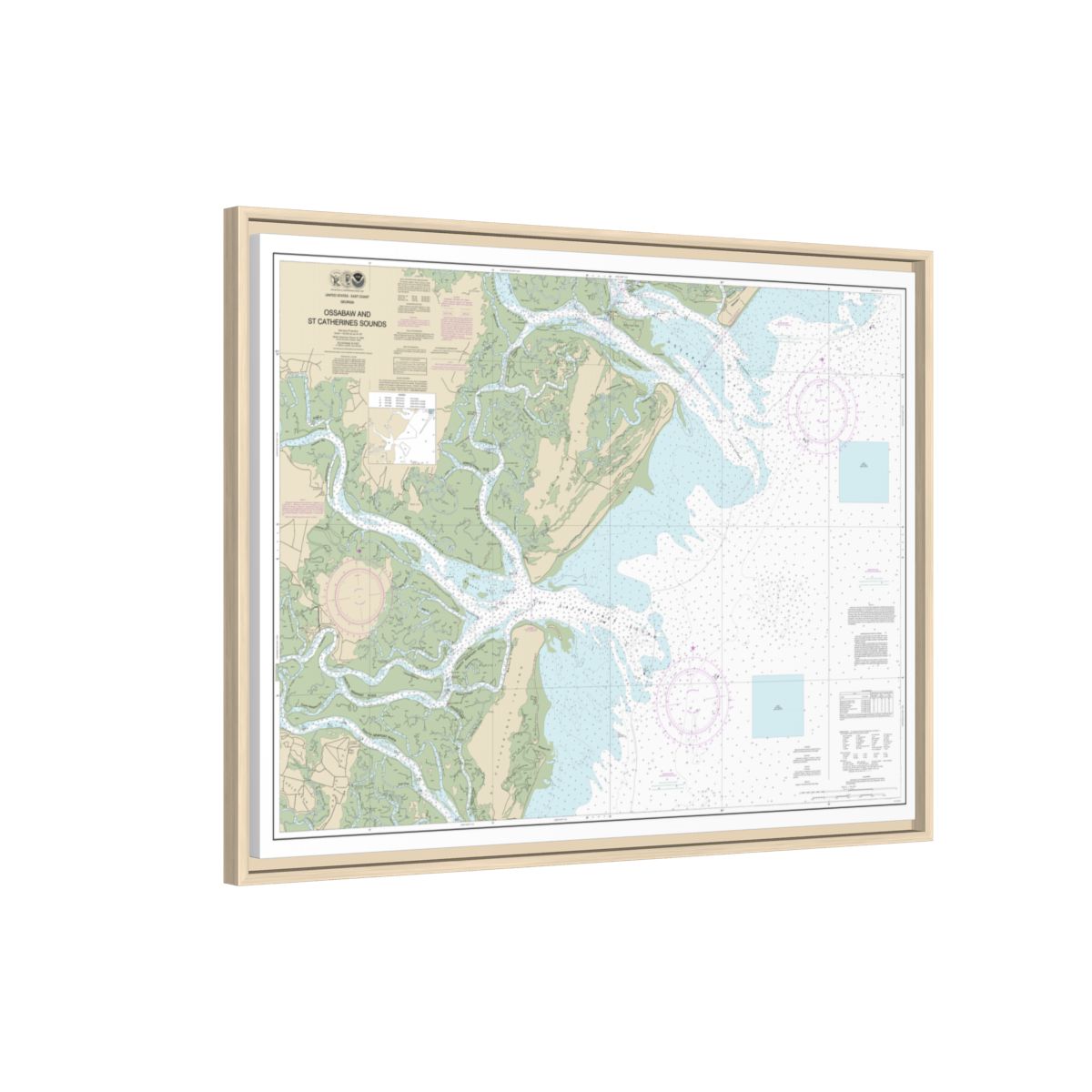 Chart 11511 Ossabaw and St. Catherines Sounds - NOAA Nautical Chart Floating Frame Canvas | 32" x 24" | 40" x 30" - Natural side