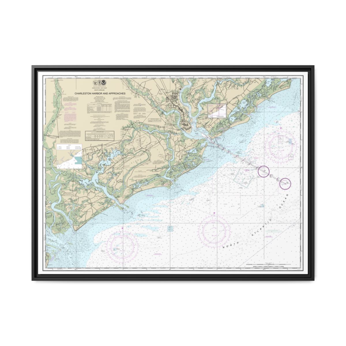 Chart 11521 Charleston Harbor and Approaches - NOAA Nautical Chart Floating Frame Canvas | 32" x 24" | 40" x 30" - Black front