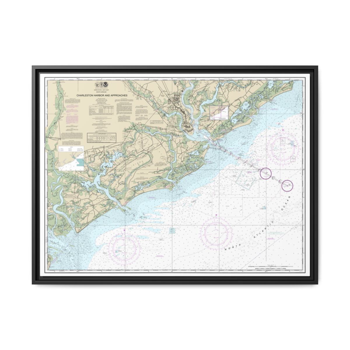 Chart 11521 Charleston Harbor and Approaches - NOAA Nautical Chart Floating Frame Canvas | 32" x 24" | 40" x 30" - Black front