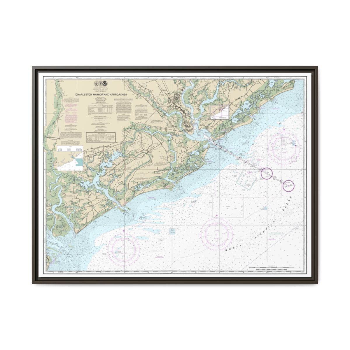 Chart 11521 Charleston Harbor and Approaches - NOAA Nautical Chart Floating Frame Canvas | 32" x 24" | 40" x 30" - Espresso front