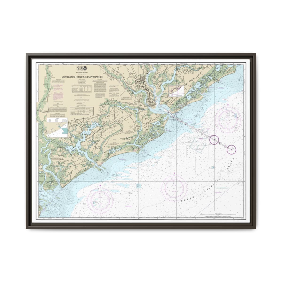 Chart 11521 Charleston Harbor and Approaches - NOAA Nautical Chart Floating Frame Canvas | 32" x 24" | 40" x 30" - Espresso front