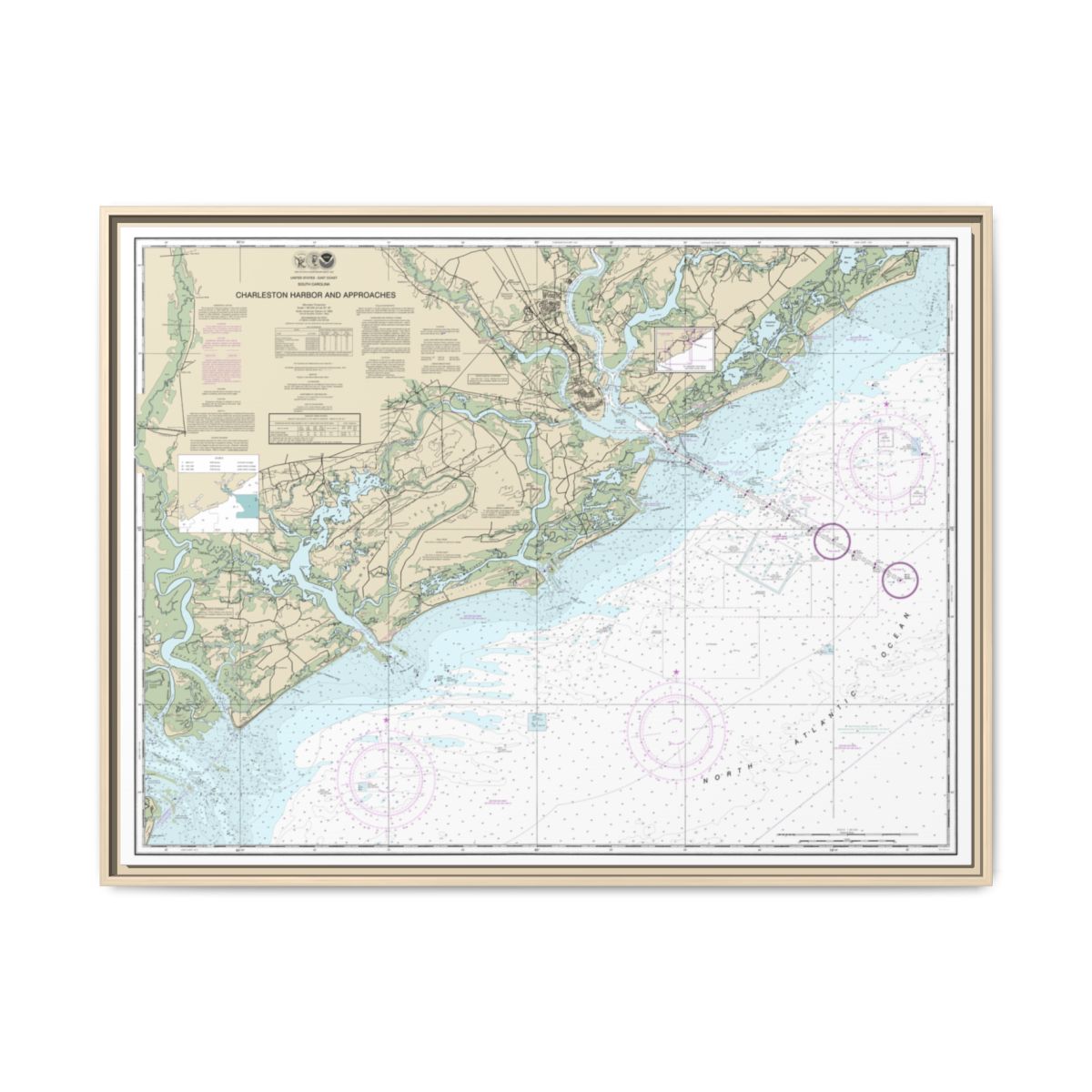 Chart 11521 Charleston Harbor and Approaches - NOAA Nautical Chart Floating Frame Canvas | 32" x 24" | 40" x 30" - Natural front