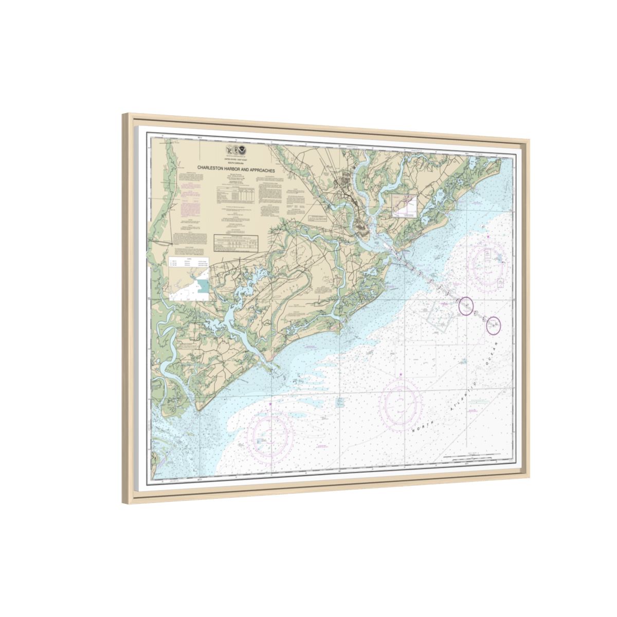 Chart 11521 Charleston Harbor and Approaches - NOAA Nautical Chart Floating Frame Canvas | 32" x 24" | 40" x 30" - Natural side