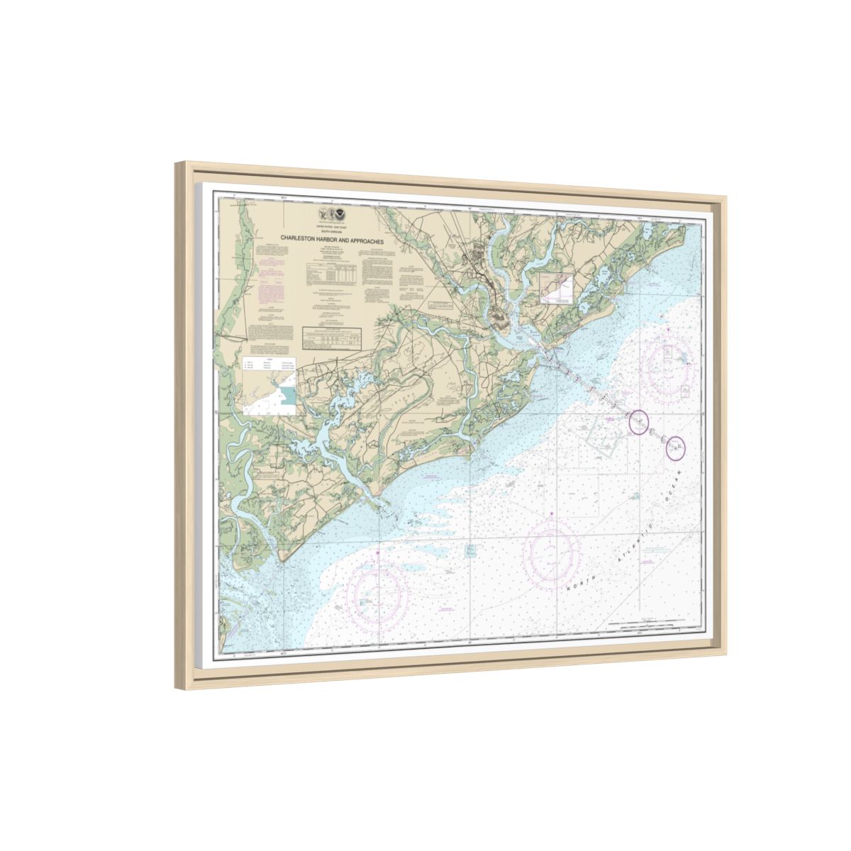Chart 11521 Charleston Harbor and Approaches - NOAA Nautical Chart Floating Frame Canvas | 32" x 24" | 40" x 30" - Natural side