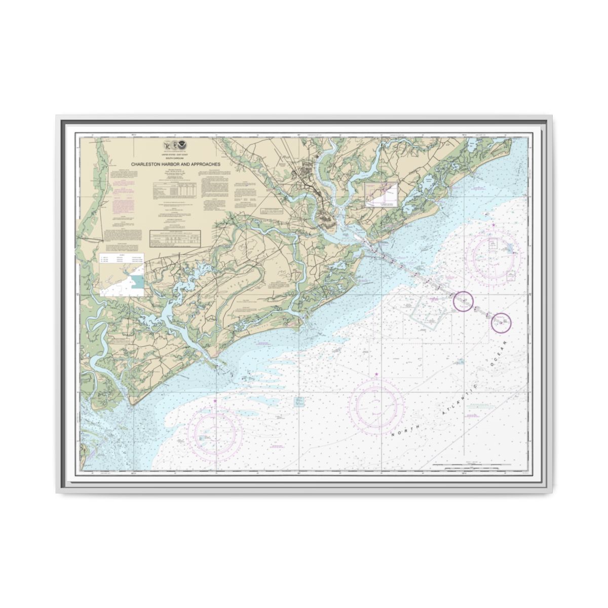 Chart 11521 Charleston Harbor and Approaches - NOAA Nautical Chart Floating Frame Canvas | 32" x 24" | 40" x 30" - White front
