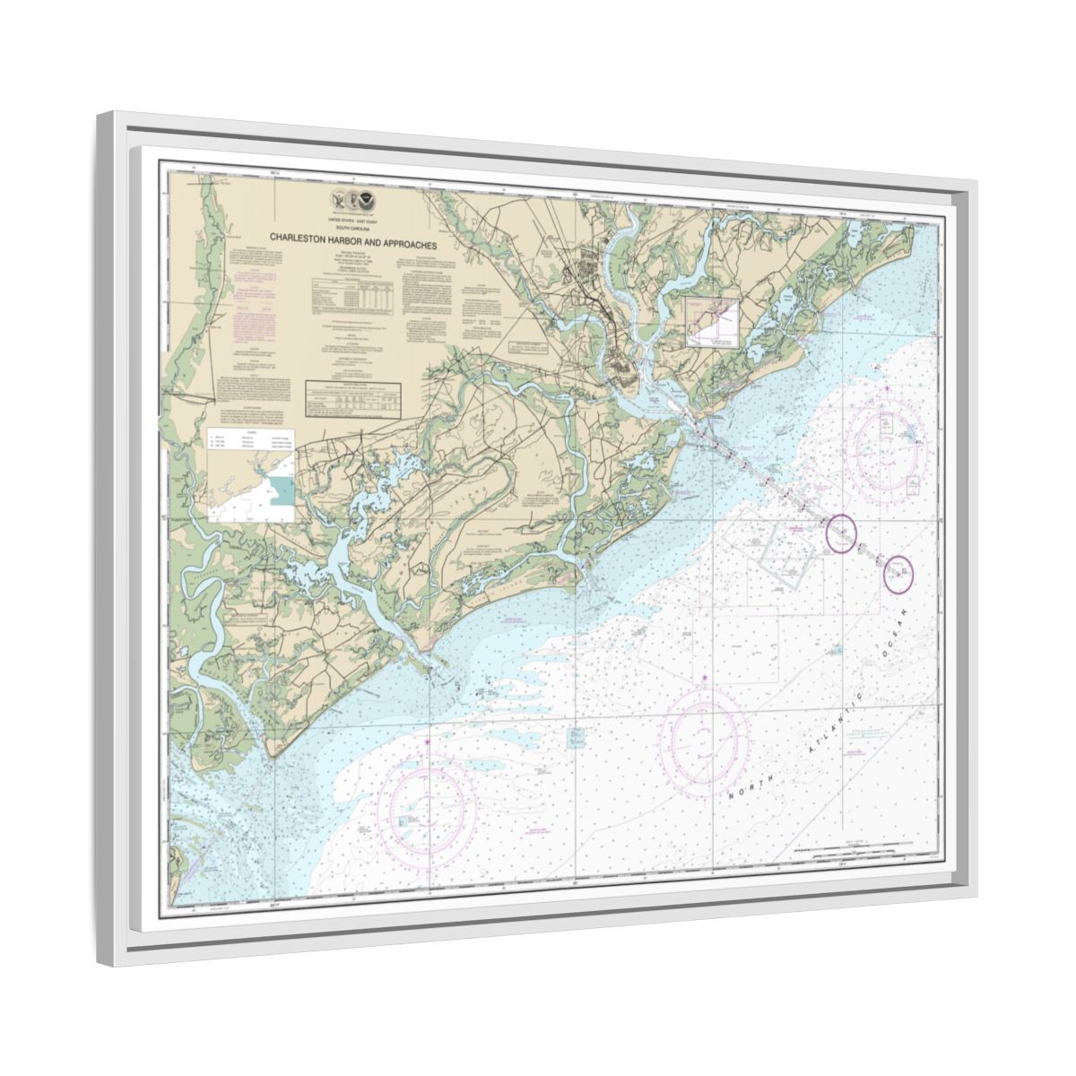 Chart 11521 Charleston Harbor and Approaches - NOAA Nautical Chart Floating Frame Canvas | 32" x 24" | 40" x 30" - White side