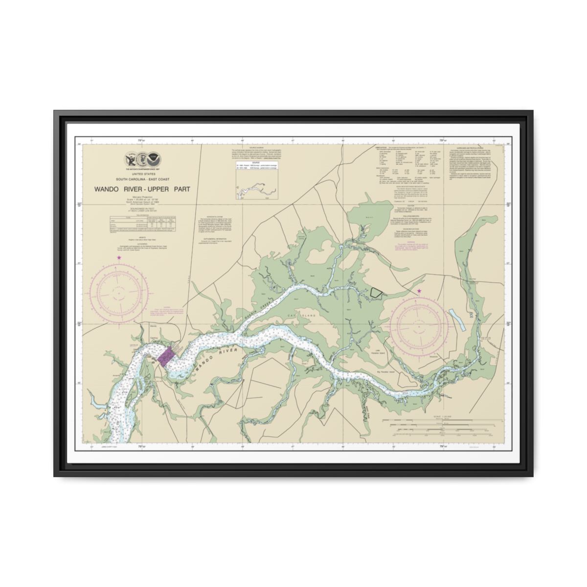 Chart 11526 Wando River Upper Part - NOAA Nautical Chart Floating Frame Canvas | 32" x 24" | 40" x 30" - Black front