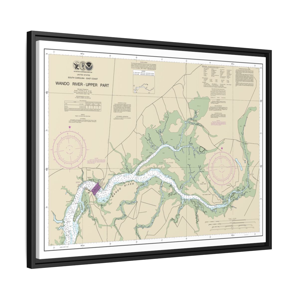 Chart 11526 Wando River Upper Part - NOAA Nautical Chart Floating Frame Canvas | 32" x 24" | 40" x 30" - Black side