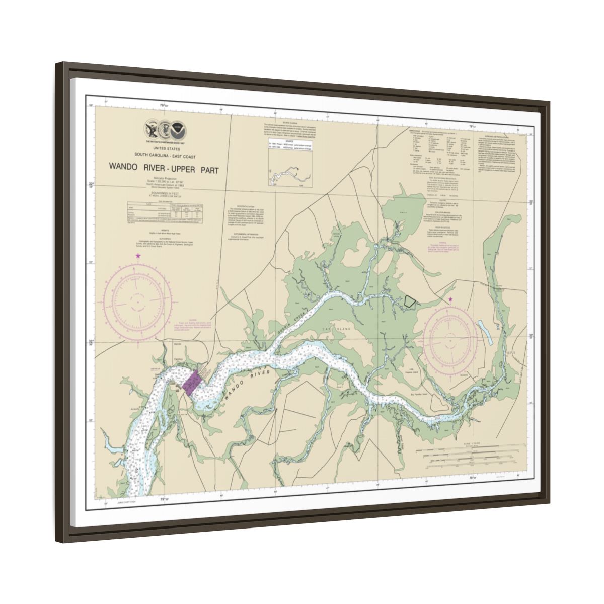 Chart 11526 Wando River Upper Part - NOAA Nautical Chart Floating Frame Canvas | 32" x 24" | 40" x 30" - Espresso side