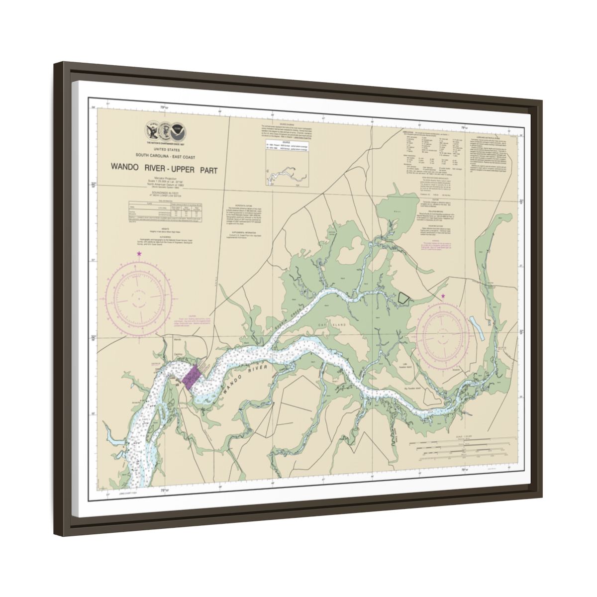 Chart 11526 Wando River Upper Part - NOAA Nautical Chart Floating Frame Canvas | 32" x 24" | 40" x 30" - Espresso side