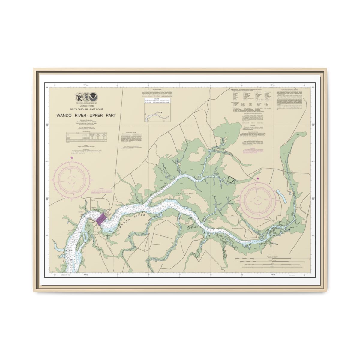 Chart 11526 Wando River Upper Part - NOAA Nautical Chart Floating Frame Canvas | 32" x 24" | 40" x 30" - Natural front