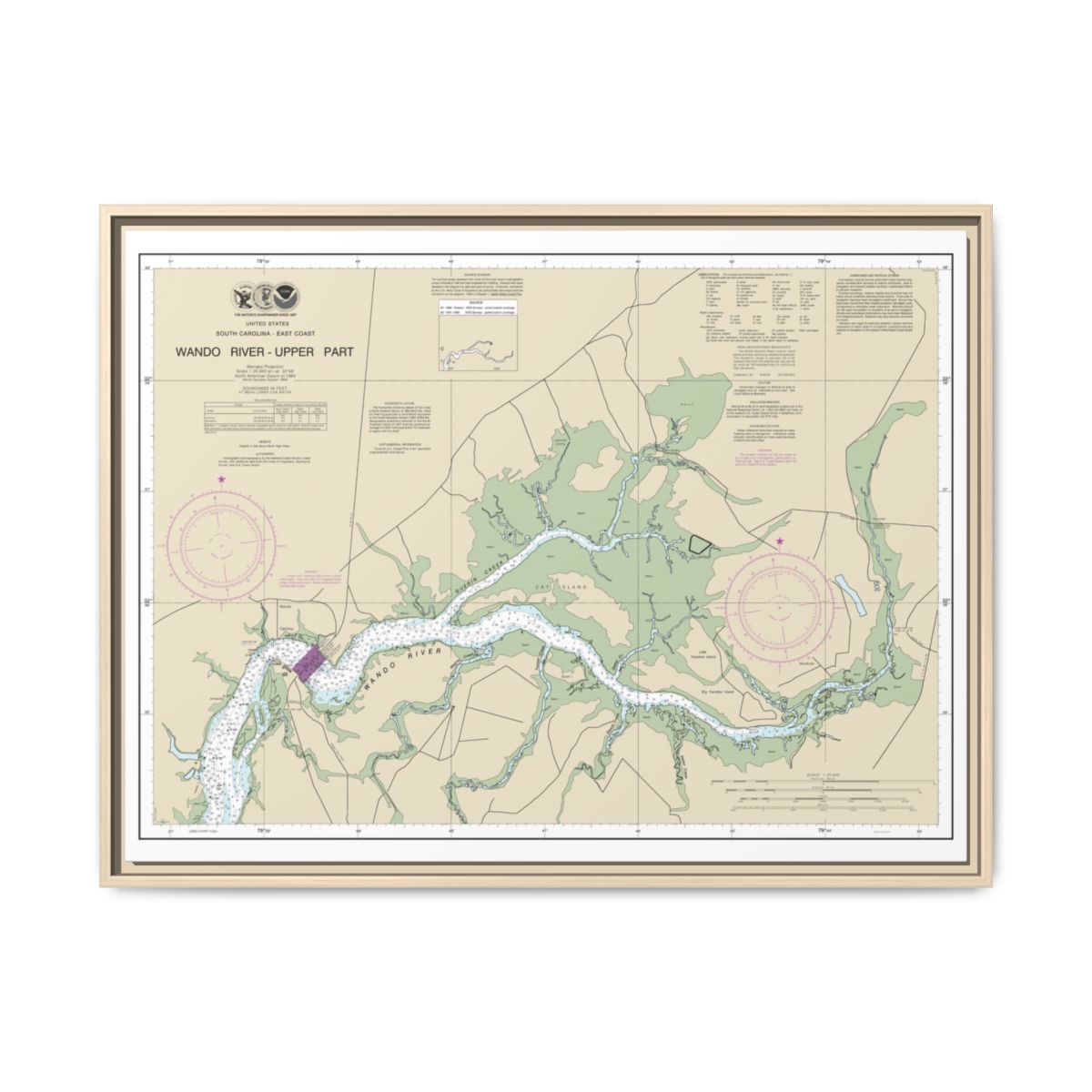 Chart 11526 Wando River Upper Part - NOAA Nautical Chart Floating Frame Canvas | 32" x 24" | 40" x 30" - Natural front