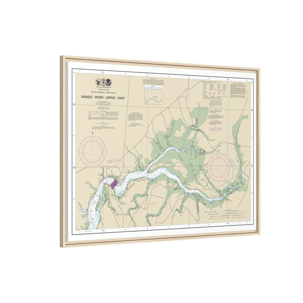 Chart 11526 Wando River Upper Part - NOAA Nautical Chart Floating Frame Canvas | 32" x 24" | 40" x 30" - Natural side